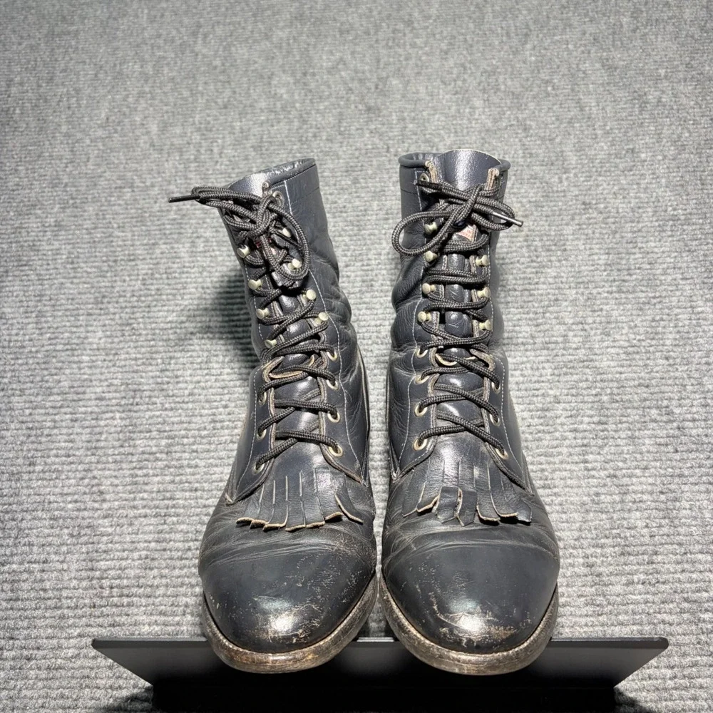 Vintage Justin Boots Mens 9 D Style 504 Black Leather Kiltie Packer Lacer USA